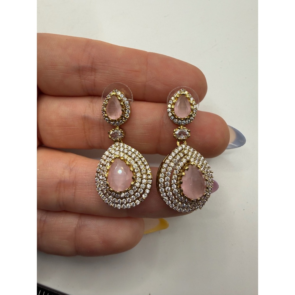 Pink Teardrop Crystal Drop Earrings Gold Tone Pavé Statement Chandelier Formal